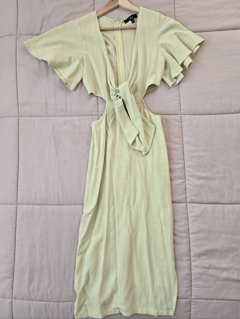 Lulu's Summer Journey Light Green / Lime Tie-Front Cutout Midi Dress - Picture 5 of 9